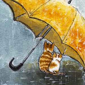 Sárga esernyő 2. - akvarell nyomat, A4-es méretben - kedves cicás illusztráció, lakásdekoráció gyerekszobába - művészet - festmény - akvarell - Meska.hu