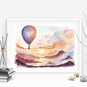 Felhők között - eredeti  akvarell illusztráció, nem print, 13x18 cm - léghajós őszi hangulat, Művészet, Festmény, Akvarell, Festészet, MESKA
