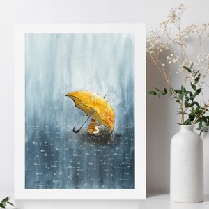 Sárga esernyő 2. - akvarell nyomat, A4-es méretben - kedves cicás illusztráció, lakásdekoráció gyerekszobába - művészet - festmény - akvarell - Meska.hu