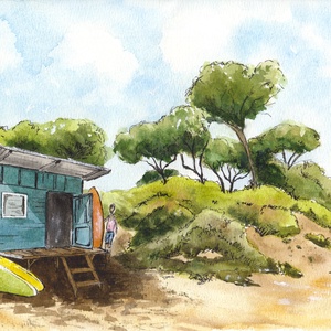 Beach hut -  vidám, színes akvarell illusztráció, nyomat, A4 - Summertime sorozat, Művészet, Festmény, Akvarell, Festészet, MESKA