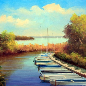 Lantos György: Balatoni  ladikok 20x30 cm, Művészet, Festmény, Olajfestmény, Festészet, MESKA