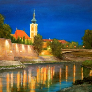 Lantos György: Győr, esti Rába part 50x70 cm, Művészet, Festmény, Olajfestmény, Festészet, MESKA