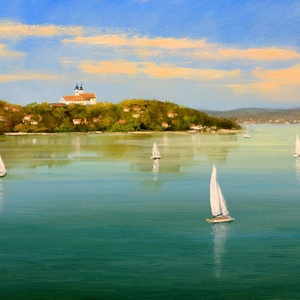 Lantos György: Vitorlások Tihanynál 20x30 cm, Művészet, Festmény, Olajfestmény, Festészet, MESKA