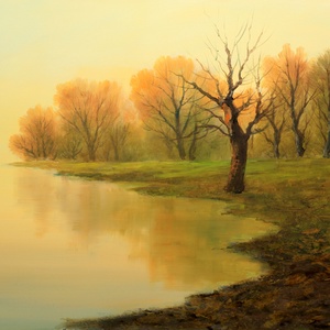 Lantos György: Ködös part 40x60 cm, Művészet, Festmény, Olajfestmény, Festészet, MESKA