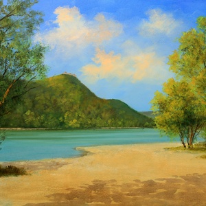 Lantos György: Visegrád a szigetcsúcsról 40x60 cm, Művészet, Festmény, Olajfestmény, Festészet, MESKA