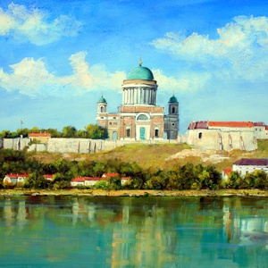 Lantos György: Esztergom Párkány felől 50x70 cm, Művészet, Festmény, Olajfestmény, Festészet, MESKA
