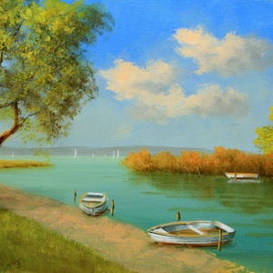 Lantos György: Csónakok a Balatonnál, Művészet, Festmény, Olajfestmény, Festészet, MESKA