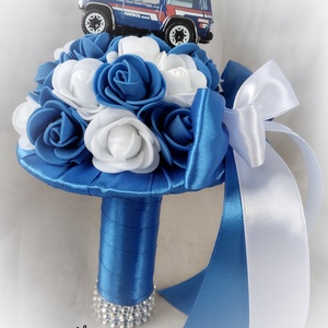 Kék-fehér ovis ballagási csokor kis autóval, Otthon & Lakás, Dekoráció, Virágdísz és tartó, Csokor & Virágdísz, Mindenmás, Virágkötés, MESKA