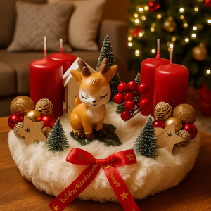 Fehér szőrmés adventi koszorú szarvassal (piros-arany) - karácsony - adventi díszek - adventi koszorú - Meska.hu