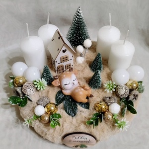Bézs szőrmés adventi koszorú pihenő cuki őzikével - karácsony - adventi díszek - adventi koszorú - Meska.hu