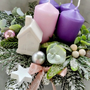 Ezüst-rózsaszín adventi aztaldísz kerámia templommal - karácsony - adventi díszek - adventi asztaldísz - Meska.hu