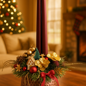 Karácsonyi asztaldísz bordó gyertyákkal és arany ragyogással - Meska.hu