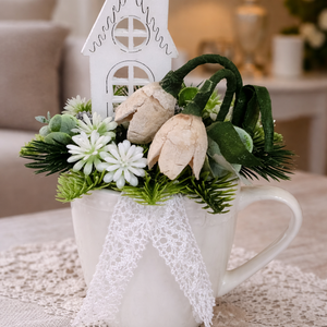 Téli bögrés dísz saját készítésű hóvirágokkal - Meska.hu