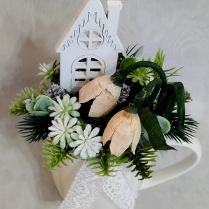 Téli bögrés dísz saját készítésű hóvirágokkal - otthon & életmód - dekoráció - asztal és polc dekoráció - asztaldísz - Meska.hu