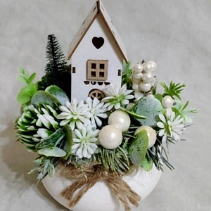 Téli asztaldísz kis faházikóval - otthon & életmód - dekoráció - asztal és polc dekoráció - asztaldísz - Meska.hu