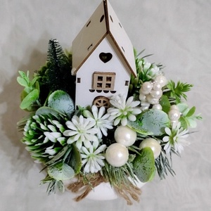 Téli asztaldísz kis faházikóval - otthon & életmód - dekoráció - asztal és polc dekoráció - asztaldísz - Meska.hu