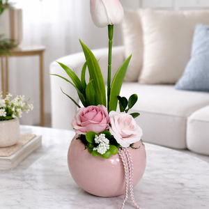 Rózsaszín kaspós kis tavaszi asztaldísz - Meska.hu