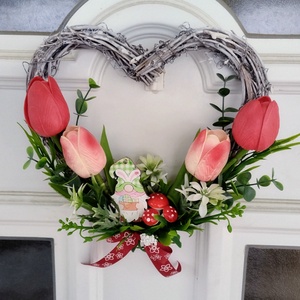Szív alakú tulipános ajtódísz , Otthon & Életmód, Dekoráció, Ajtó- és ablak dekoráció, Ajtódísz & Kopogtató, Mindenmás, Virágkötés, MESKA