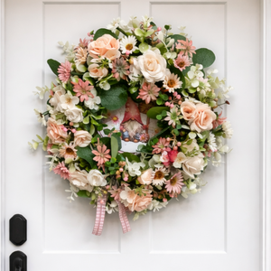 Csupa virágos tavaszi ajtódísz manós táblával, Otthon & Életmód, Dekoráció, Ajtó- és ablak dekoráció, Ajtódísz & Kopogtató, Mindenmás, Virágkötés, MESKA