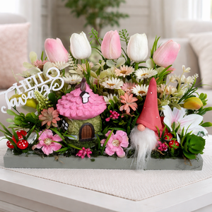 Tavaszi asztaldísz manóval és házikóval, Otthon & Életmód, Dekoráció, Asztal és polc dekoráció, Asztaldísz, Mindenmás, Virágkötés, MESKA