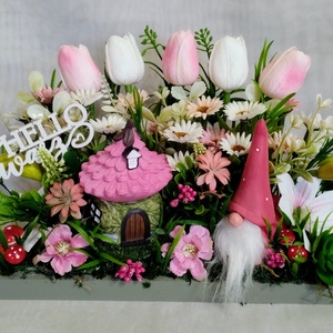 Tavaszi asztaldísz manóval és házikóval - otthon & életmód - dekoráció - asztal és polc dekoráció - asztaldísz - Meska.hu