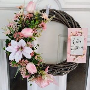 Szürke vessző pasztell virágos tavaszi ajtódísz , Otthon & Életmód, Dekoráció, Ajtó- és ablak dekoráció, Ajtódísz & Kopogtató, Mindenmás, Virágkötés, MESKA