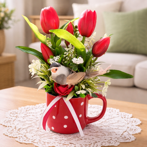 Piros pöttyös bögrés tavaszi dísz - Meska.hu