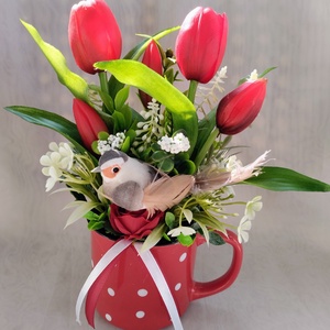 Piros pöttyös bögrés tavaszi dísz - otthon & életmód - dekoráció - asztal és polc dekoráció - asztaldísz - Meska.hu