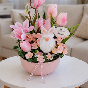 Nyuszi manós tavaszi asztaldísz , Ünnepi díszek, dekorációk, Húsvéti díszek és dekorációk, Húsvéti asztaldíszek, Mindenmás, Virágkötés, MESKA