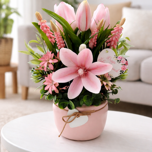 Rózsaszín virágos rózsaszín kaspós asztaldísz  - Meska.hu