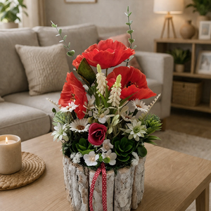 Pipacsos asztaldísz fakéreg kaspóban, Otthon & Életmód, Dekoráció, Asztal és polc dekoráció, Asztaldísz, Mindenmás, Virágkötés, MESKA