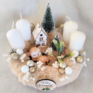 Bézs szőrmés őzikés adventi koszorú  - karácsony - adventi díszek - adventi koszorú - Meska.hu