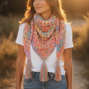 Színes horgolt kendő bojttal, Ruha & Divat, Sál, Sapka, Kendő, Kendő, Horgolás, MESKA