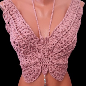 EDO Aura � kézzel horgolt pillangó top, különleges nyári női statement felső antik rózsa színben - ruha & divat - női ruha - top - Meska.hu