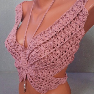 EDO Aura � kézzel horgolt pillangó top, különleges nyári női statement felső antik rózsa színben - ruha & divat - női ruha - top - Meska.hu