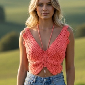 EDO Aura � kézzel horgolt pillangó top, különleges nyári női statement felső világos pink színben, Ruha & Divat, Női ruha, Top, Horgolás, MESKA