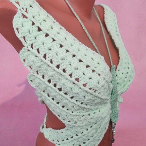 EDO Aura � kézzel horgolt pillangó top, különleges nyári női statement felső világos almazöld színben - ruha & divat - női ruha - top - Meska.hu