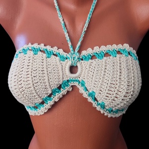 EDO Marina- horgolt bikini felső, 100% pamut natúr-türkiz - ruha & divat - női ruha - top - Meska.hu