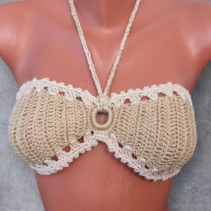 EDO Marina- horgolt felső, 100% pamut natúr homok-törtfehér perem - ruha & divat - női ruha - top - Meska.hu