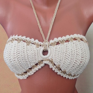 EDO Marina- horgolt felső, 100% pamut natúr-karamell perem - ruha & divat - női ruha - top - Meska.hu