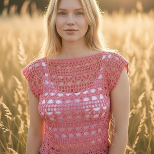 EDO Rosé- horgolt pamut nyári felső, nőies, hálós top S-M méret, korall rózsaszín - ruha & divat - női ruha - top - Meska.hu