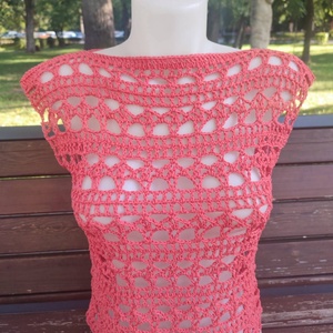 EDO Rosé- horgolt pamut nyári felső, nőies, hálós top S-M méret, korall rózsaszín - ruha & divat - női ruha - top - Meska.hu