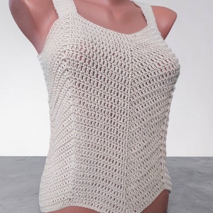 Cikk-cakk mintás horgolt, pamut nyári felső, natúr homok top, S�M - ruha & divat - női ruha - top - Meska.hu