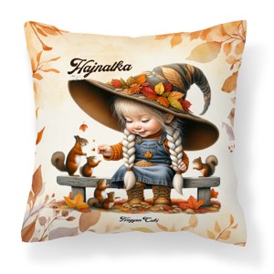 Névvel kérhető - Őszi manó lány és a mókusok mintás párna, Otthon & Életmód, Lakástextil, Párna & Párnahuzat, Díszpárna (belsővel együtt), , MESKA