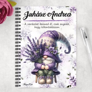 Személyre szabható - Levendulás manó egy csokorral mintás A6-os füzet - otthon & életmód - papír, írószer - jegyzetfüzet & napló - Meska.hu