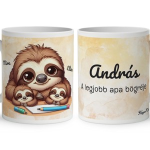 Névvel kérhető - Cuki lajhár Apa és két gyereke mintás bögre, Otthon & Életmód, Konyhafelszerelés, tálalás, Tálalás, Bögre & Csésze, , MESKA