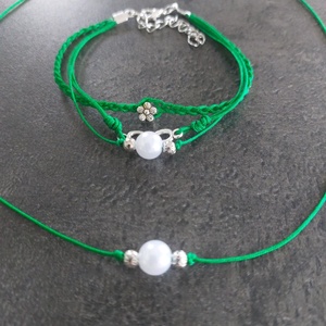 Makramé karkötő + nyaklánc gyönggyel és fém kiegészítőkkel - Meska.hu