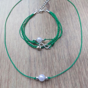 Makramé karkötő + nyaklánc gyönggyel és fém kiegészítőkkel - ékszer - ékszerszett - Meska.hu Makramé karkötő + nyaklánc gyönggyel és fém kiegészítőkkel - ékszer - ékszerszett - Meska.hu