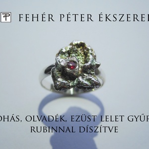 Ezüst olvadék mohás lelet gyűrű rubinnal díszítve, Ékszer, Gyűrű, Pecsétgyűrű, , MESKA