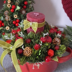 Pirosbogyós gyertyás asztaldísz  - karácsony - adventi díszek - adventi gyertyadíszek és koszorúdíszek - Meska.hu